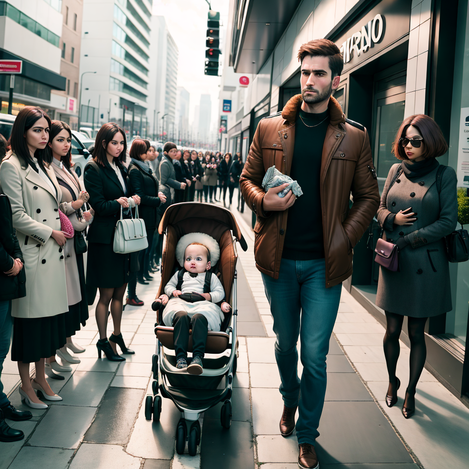 An image showing a man with arm full of dollars in front of queing women and prams 