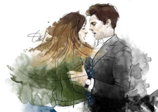 A fan drawing of Fifty Shades of Grey. The guy holds the girl.