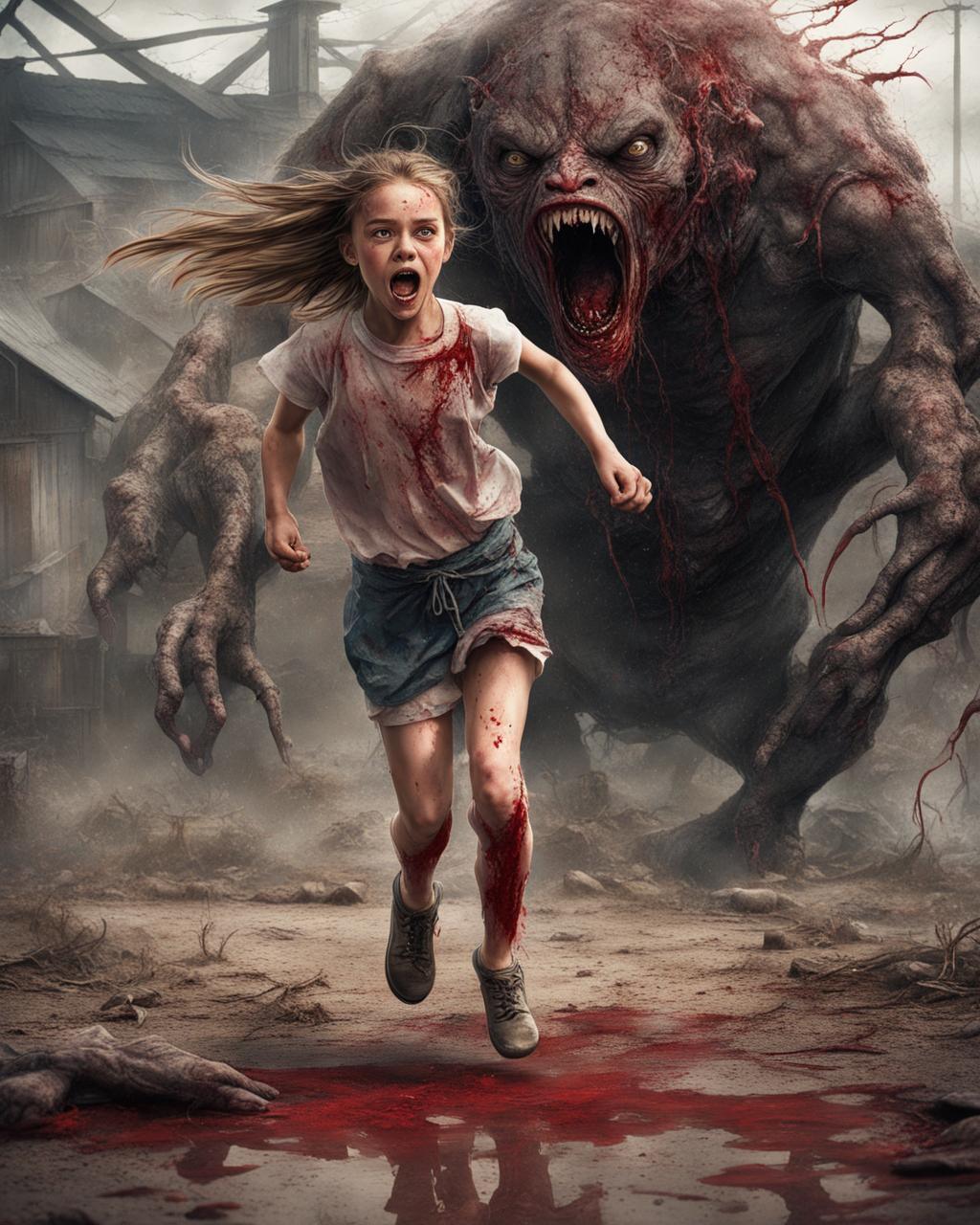 A girl running from a big monster