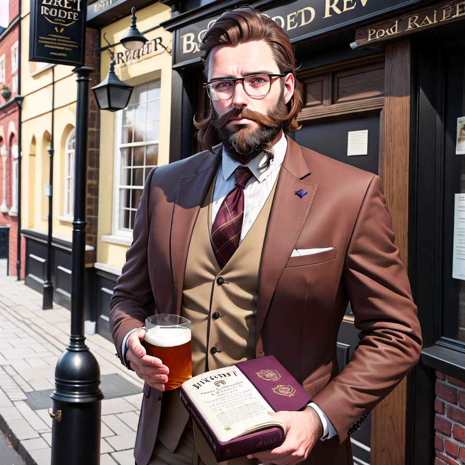 An image of a man outside a pub with a book