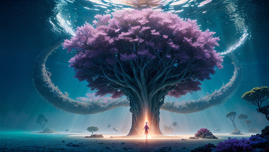 A fantasy image of a tree under water